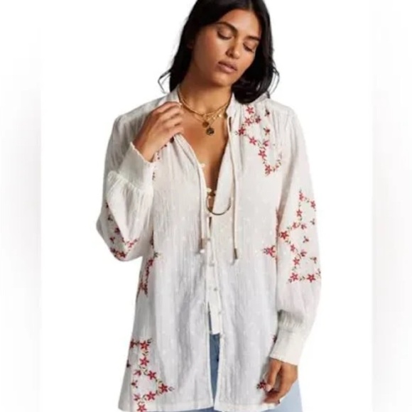 Anthropologie Tops - Anthropologie Embroidered Tunic Shirt Cotton Tunic‎ White Button Front Women Xs